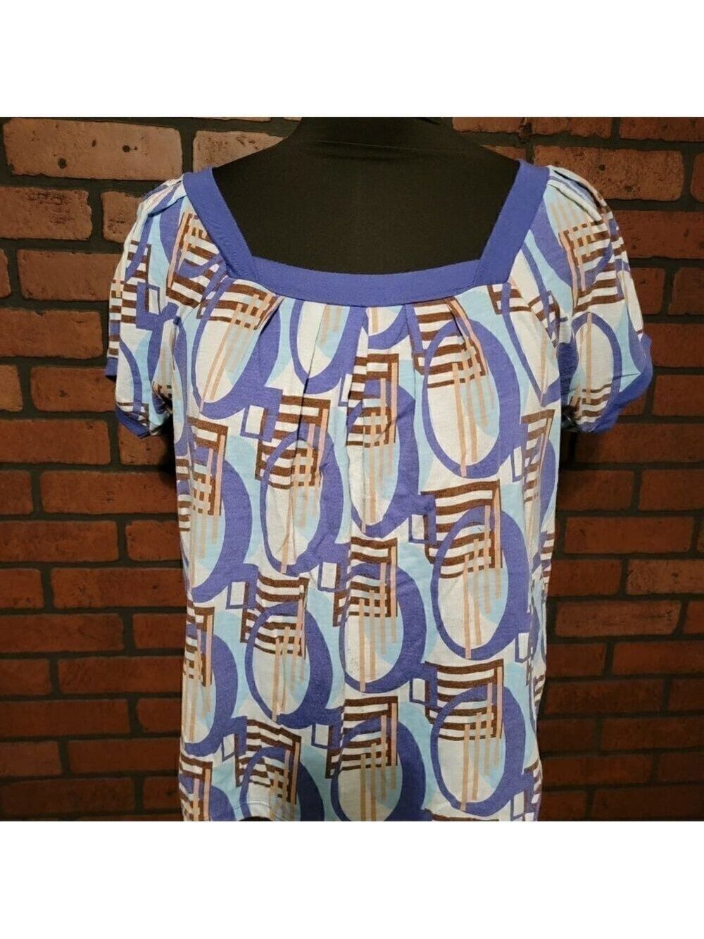Annie Sue Top- Light blue with brown/white/tan/blue design, square neck